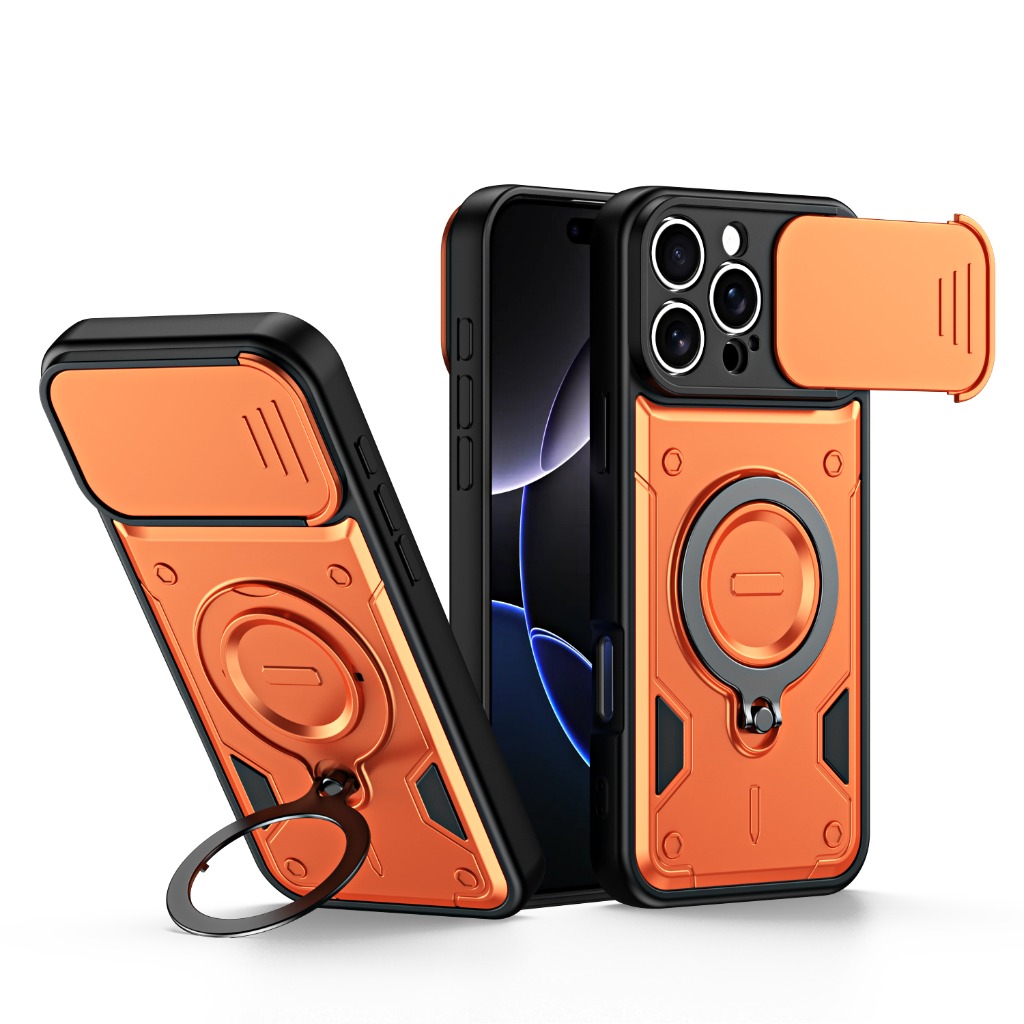 Kickstand Adjustable - 耐衝撃アーマーケース スライド式カメラカバー付き 360度保護 ° 回転式リングホルダーキックスタンド付きiPhone 16/17